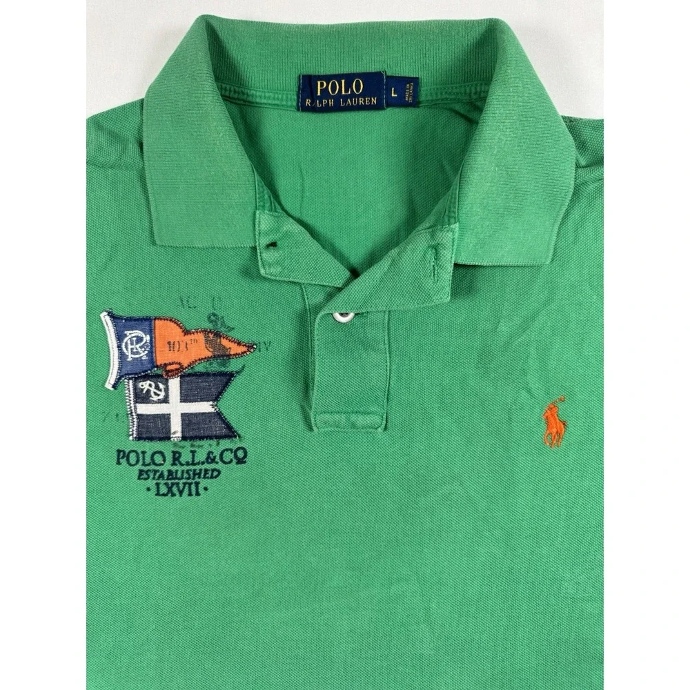 Polo Ralph Lauren Rugby Polo Shirt Mens L Green Nautical Flag Patch Y2K Cotto